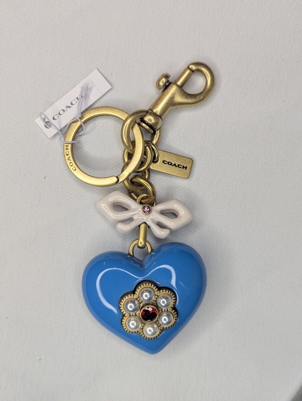 Coach Resin Heart Bag Charm Keychain Brass/Blue Multi, NWT
